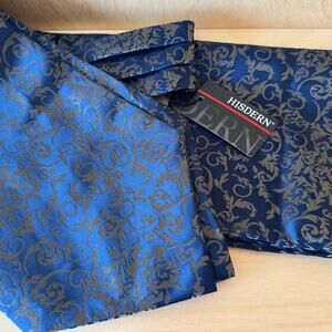 NWT Hisdern Blue & Gold Paisley Ascot Cravat & Pocket Square Set Formal Neckwear